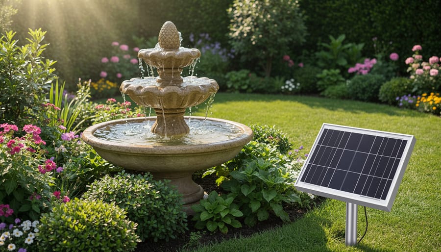 Stone tiered fountain with water flowing and solar panel positioned on lawn in sunny garden