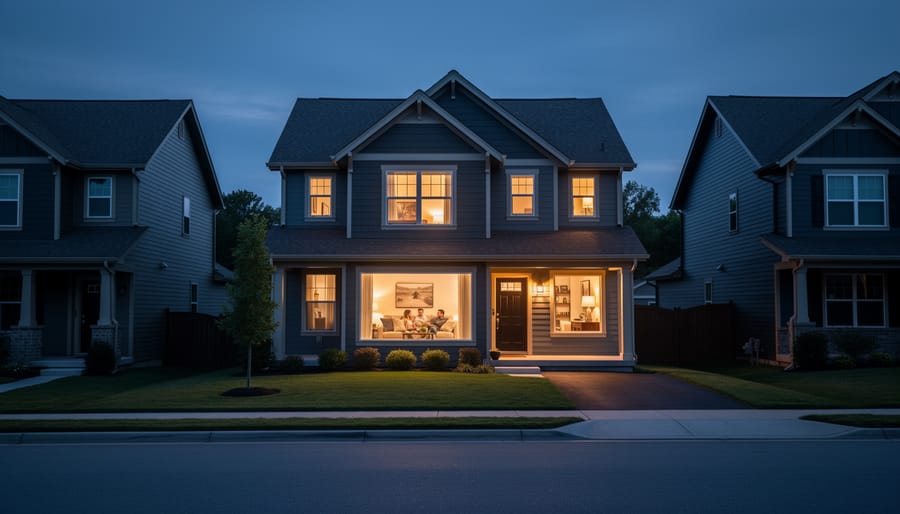 Home with solar panels illuminated at dusk showing energy independence