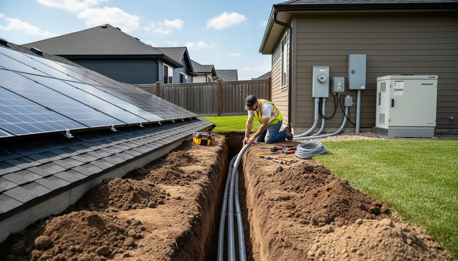 Deep trench in residential yard showing electrical conduit for solar installation
