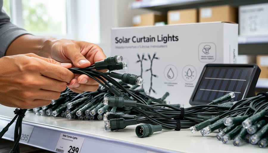 Close-up of hands inspecting solar curtain light wire quality and weatherproof connections