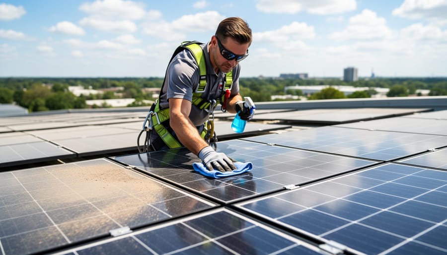 Hands cleaning solar panel on decorative garden light with cloth