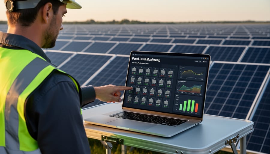 Person holding smartphone showing solar panel monitoring app with rooftop array in background