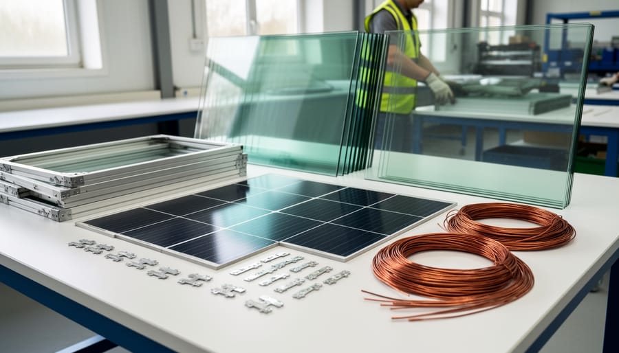 Disassembled solar panel components showing glass, aluminum, silicon cells, copper wiring, and silver contacts
