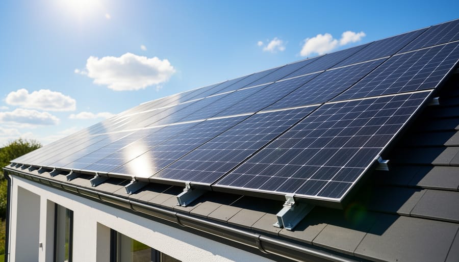 Solar panel component of curtain lights mounted on wooden post showing installation hardware