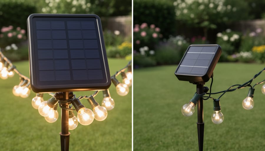 Close-up of solar panel on decorative outdoor light showing crystalline cells