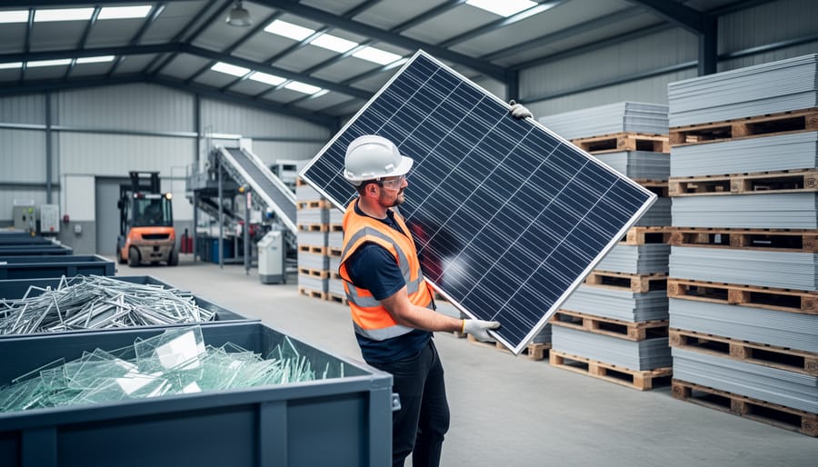 Technician in safety vest lifting a decommissioned solar panel beside bins of separated aluminum frames and glass, with stacked used panels, a forklift, and conveyors blurred in the background of a bright recycling facility.