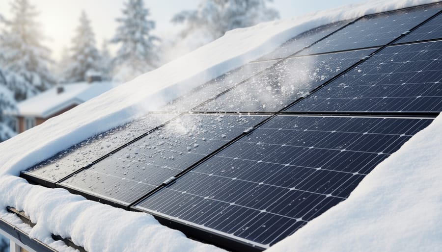 Snow sliding naturally off tilted solar panel surface in winter sunlight