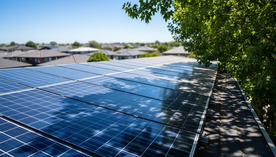 Solar panel on roof with tree shadow creating partial shading across the surface
