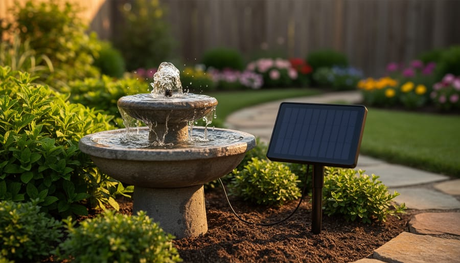 Small solar panel on a stake powering a bubbling stone garden fountain in a sunlit backyard, with blurred flower beds, stone path, and wooden fence in the background.
