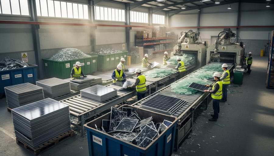 Interior of solar panel recycling facility with workers sorting decommissioned panels