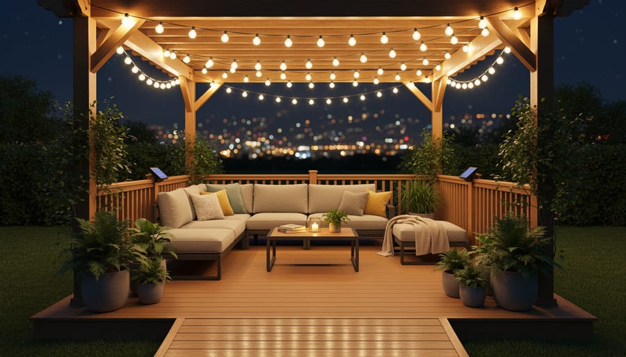Backyard patio illuminated by decorative solar string lights at night