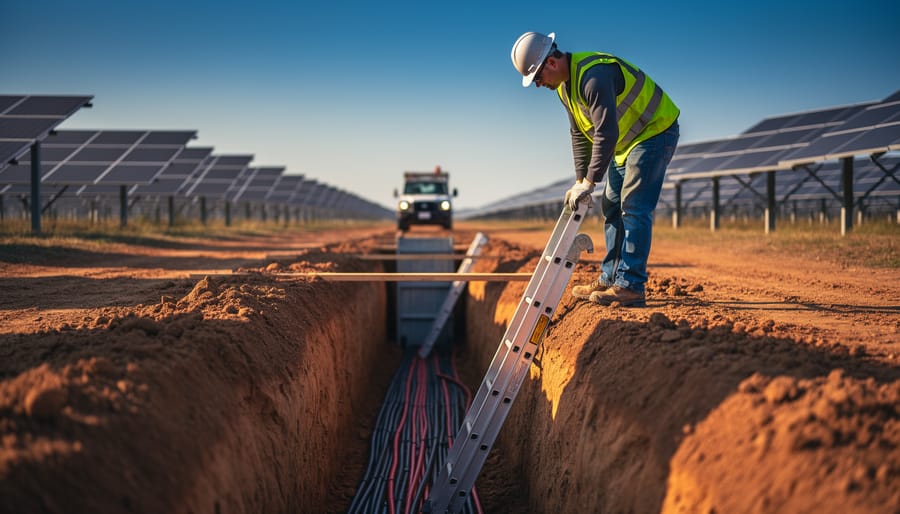 Deep trench protected by a trench box at a solar farm, with a worker in a hard hat and high-visibility vest inspecting conduit from the edge; ladder inside the trench, golden-hour side light, and blurred solar panel rows with a utility vehicle in the background.