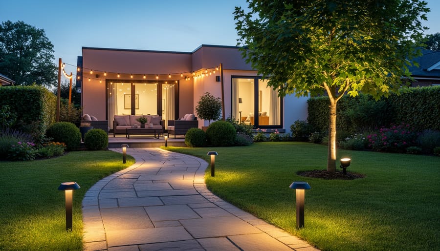 Twilight backyard with solar path lights along a curved stone walkway, a solar spotlight illuminating a small ornamental tree, and warm string lights above a patio beside a modern home.