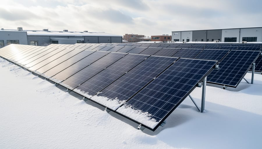 Steeply angled ground-mounted solar panels remaining clear of snow in winter landscape