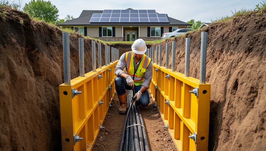Steel trench box protecting worker during deep excavation work