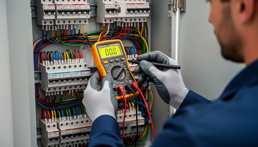 Digital multimeter being used to test electrical connections in motion sensor wiring