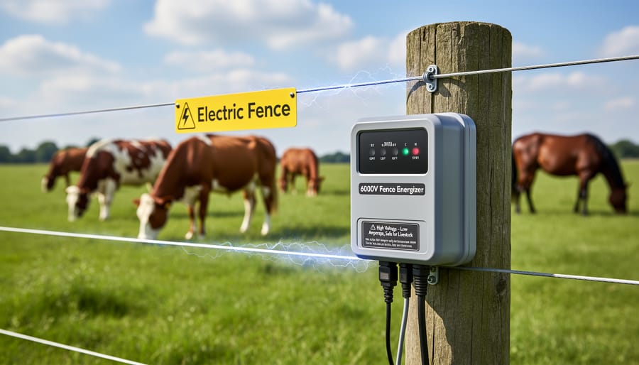 Electric fence energizer unit mounted on wooden post showing voltage meter