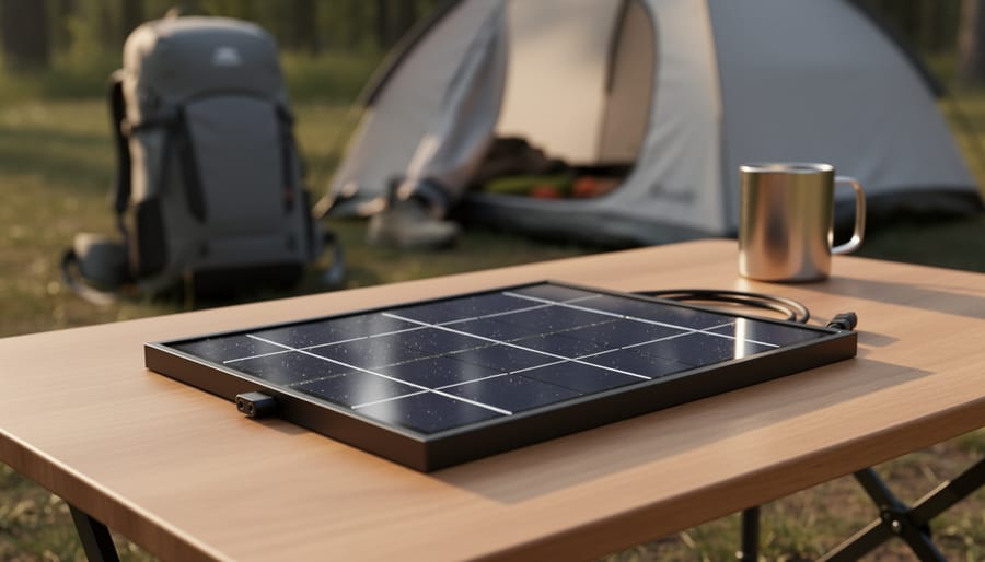 Small 9 volt solar panel on wooden camping table with forest background