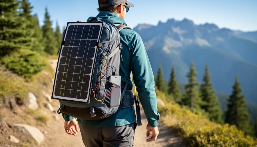 9 volt solar panel clipped to hiking backpack on mountain trail