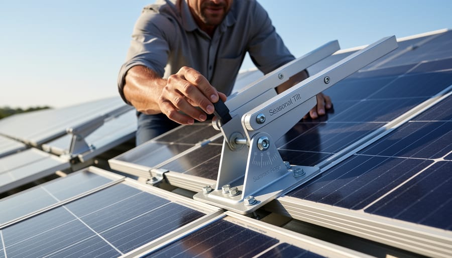 Close-up of adjustable solar panel mounting bracket showing pivot mechanism