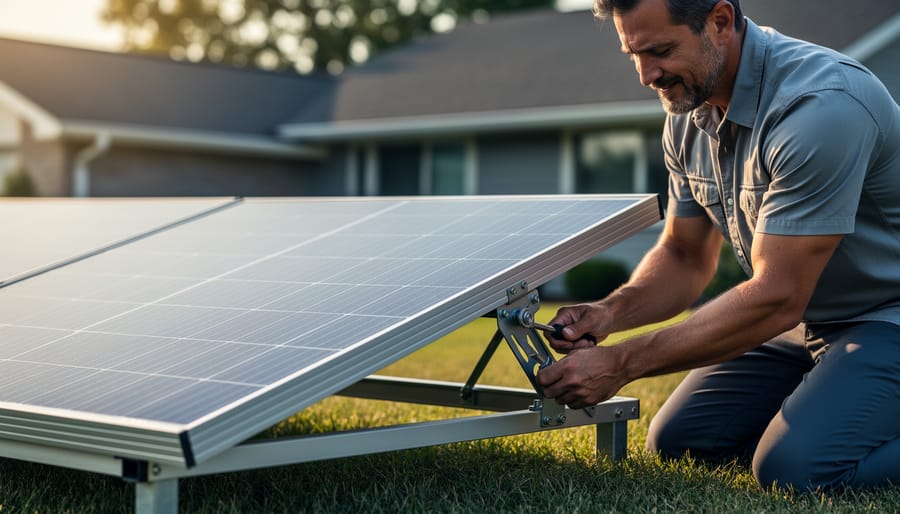 Homeowner tightens a hinged bracket to set the tilt angle on a ground-mounted solar panel array, with warm side light and a softly blurred yard, roofline, and trees in the background.