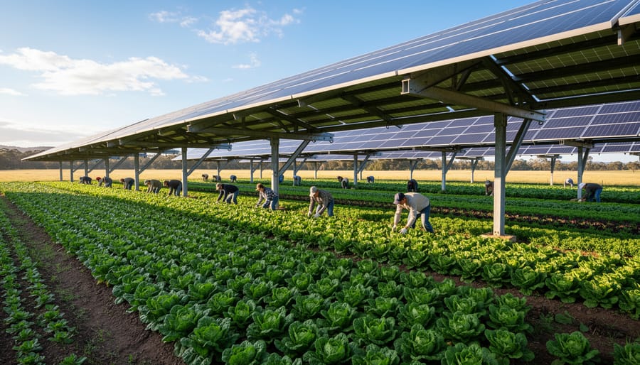 Solar panels mounted above growing vegetable crops in an agrivoltaic farming system