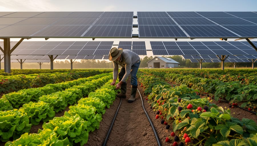 Elevated solar panels above rows of lettuce and berry plants with a farmer walking beneath at golden hour, demonstrating agrivoltaics that combines crop cultivation and solar power in a rural field.