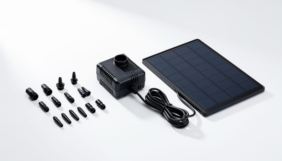 Aisitin 3.5W solar fountain pump with solar panel and nozzle attachments on white background