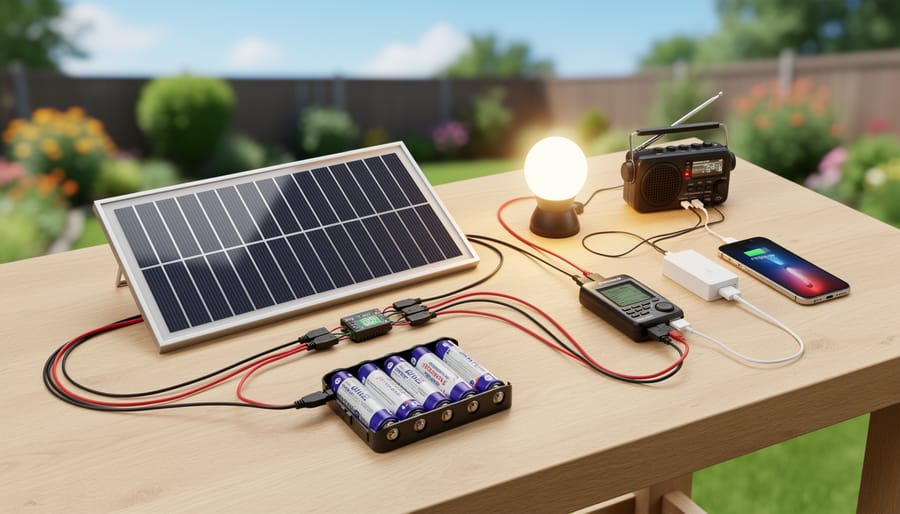 Person assembling portable solar power setup with 9V panel, battery pack, and emergency radio outdoors