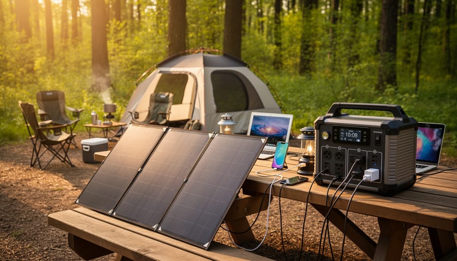 Complete camping solar power system laid out on table with panels, battery, and devices