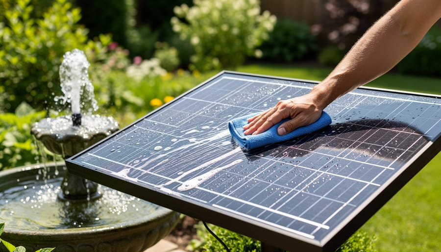 Hand cleaning solar fountain pump panel with microfiber cloth