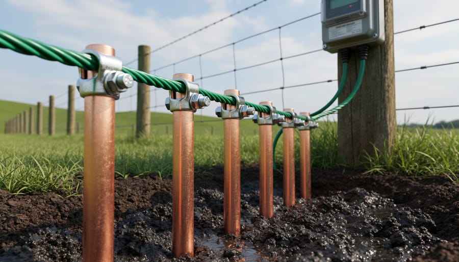 Farmer installing copper grounding rod for electric fence system