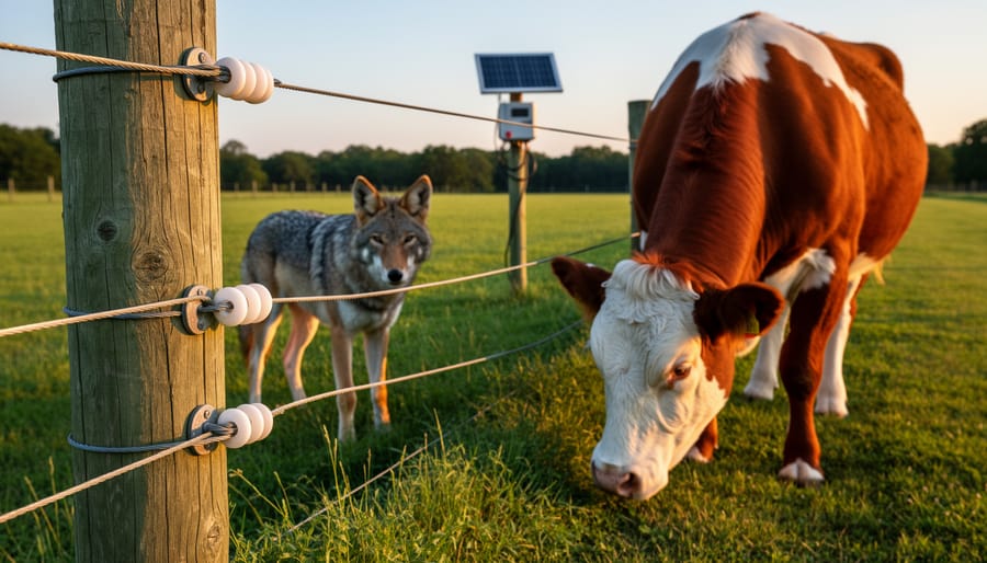 Electric fence on a wood post at golden hour with a calm Hereford cow inside the pasture and a coyote standing outside, solar panel energizer and rolling fields in the background