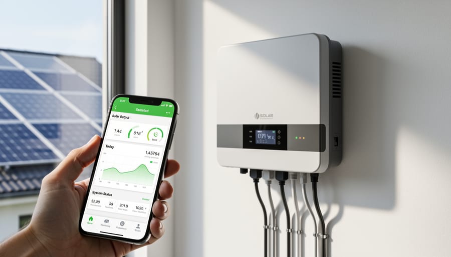 Person monitoring solar inverter performance using smartphone app