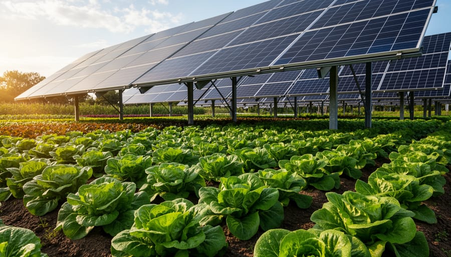 Close-up of healthy lettuce growing in partial shade beneath solar panels