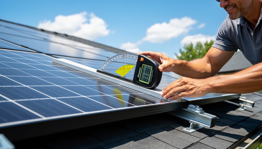 Person measuring solar panel tilt angle with digital angle finder tool
