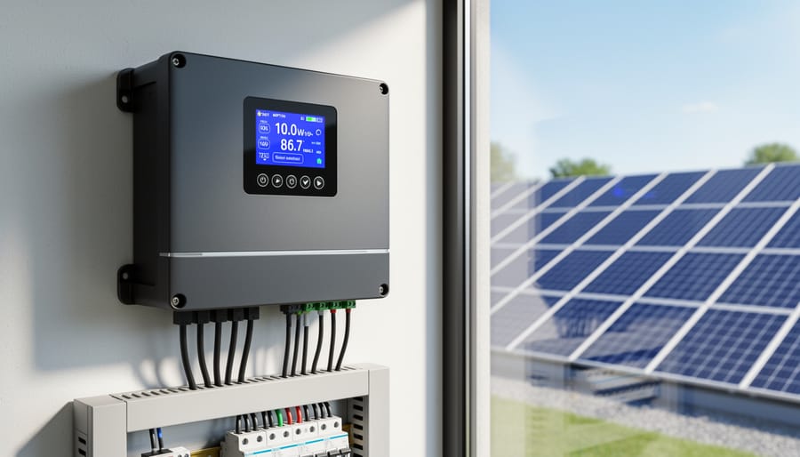 Close-up detail of MPPT solar charge controller showing heat sink and connection terminals