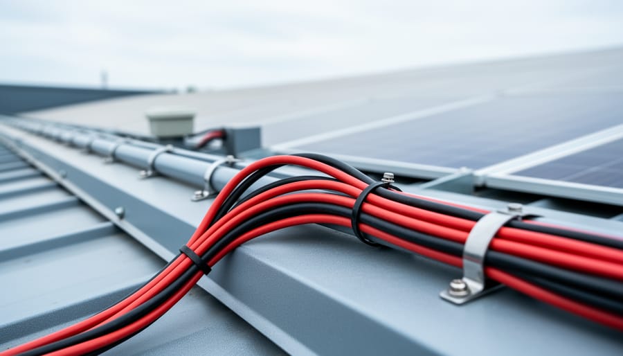 Close-up of rooftop solar array wiring showing paired DC cables neatly tied together forming a gentle service loop, entering UV-resistant gray conduit secured with stainless clamps; blurred solar panels and roofline in the background.