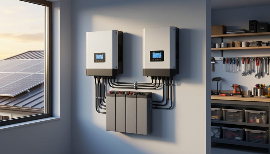 Wall-mounted MPPT charge controller and pure sine wave inverter connected to a lithium battery bank in a tidy home utility area, with rooftop solar panels softly visible through a window in warm side light.