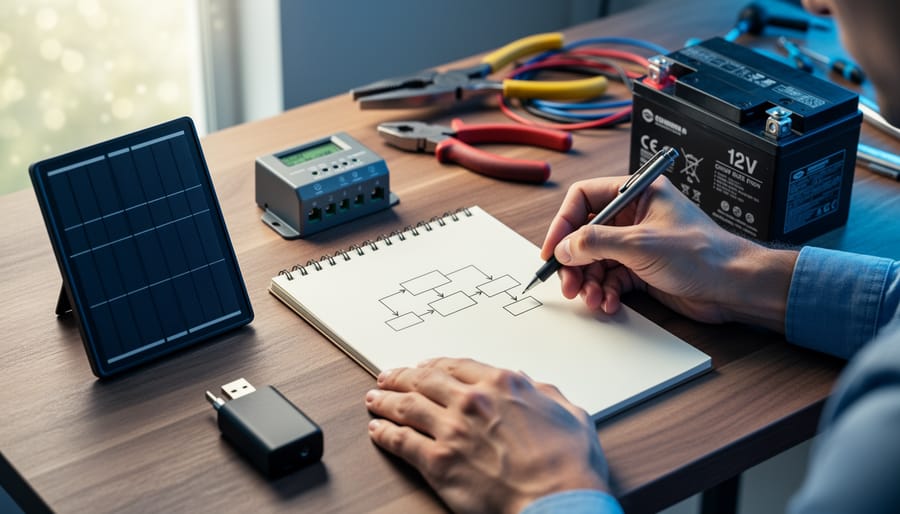 Hands drawing a simple solar energy path in a notebook beside a portable solar panel, charge controller, 12V battery pack, and USB adapter on a wooden desk with soft window light.