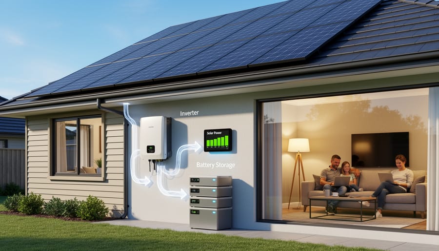 Solar panels on residential roof with battery storage system visible in foreground