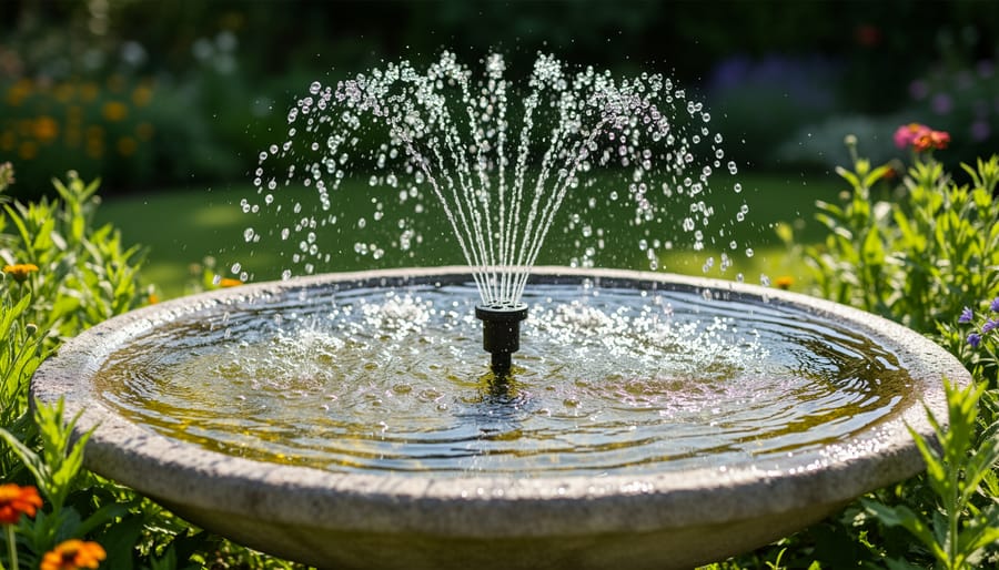 Solar fountain pump operating in garden pond with water spray pattern
