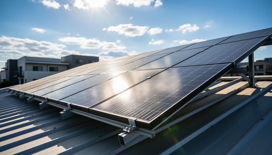 Solar panel array mounted at an angled tilt on metal racking system against blue sky
