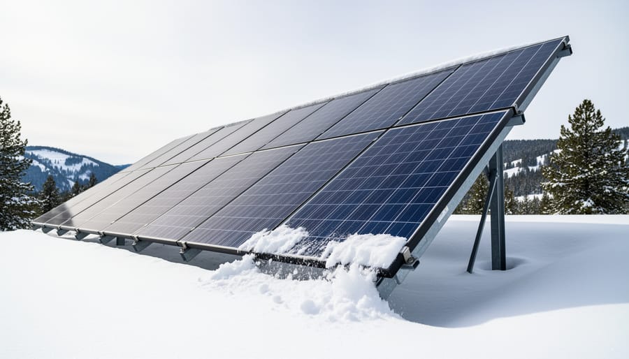 Snow sliding off tilted solar panels on residential rooftop in winter