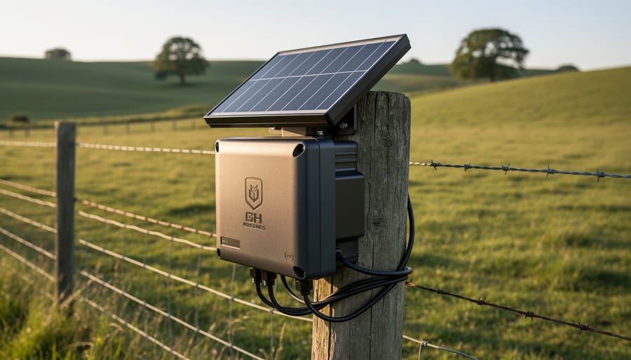 Solar panel mounted on electric fence energizer in pasture setting