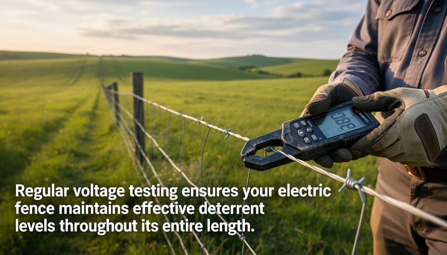 Hand holding digital voltage tester against electric fence wire