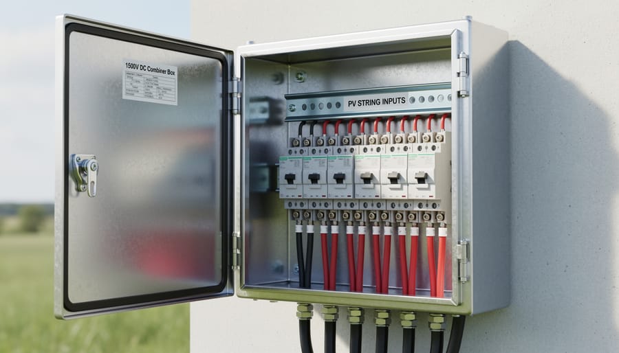 1500V DC solar combiner box with door open showing internal fuses and electrical components