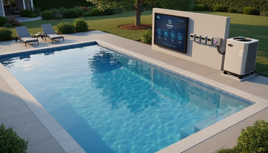Medium-sized residential swimming pool in suburban backyard setting
