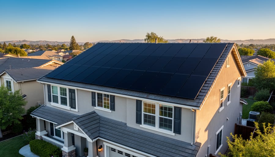 Medium-wide elevated view of a suburban home with about 20–24 black solar panels installed on the roof at golden hour, with neighborhood rooftops, trees, and distant hills in the background.