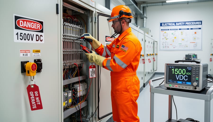Technician using multimeter to safely test 1500V solar combiner box connections